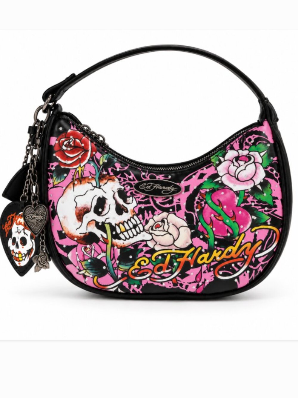 Ed Hardy Black Pink Skull Rose Tattoo Graffiti Rhinestone Crescent Hobo Bag NWT